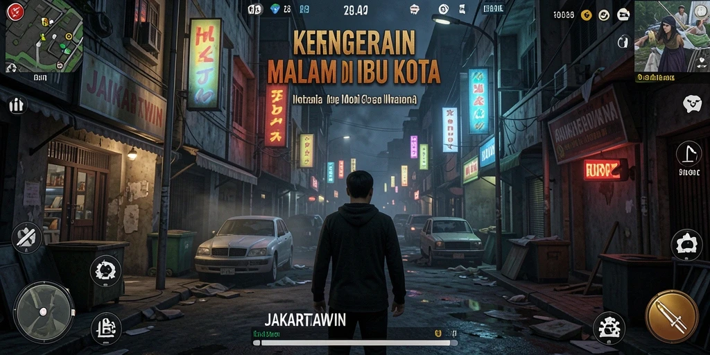Screenshot gameplay JAKARTAWIN menampilkan karakter yang berlari di tengah kegelapan.