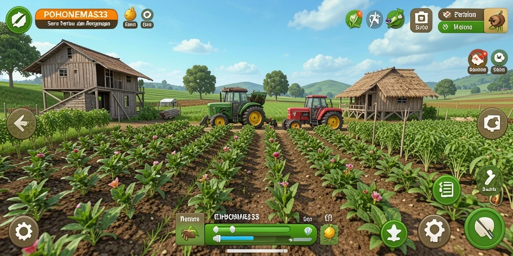 Screenshot menampilkan gameplay bertani yang seru di POHONEMAS33.