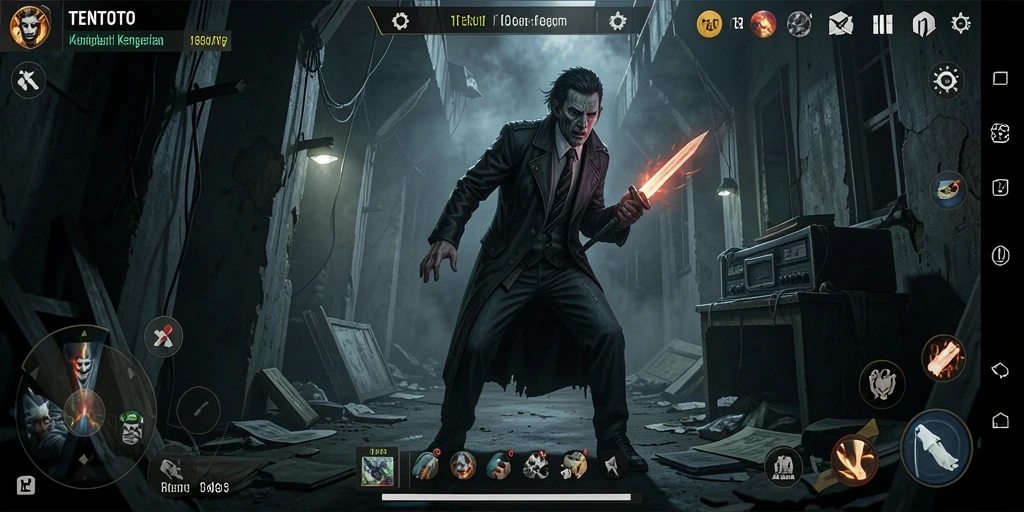 Tangkapan layar utama TENTOTO menampilkan suasana mencekam dan gameplay yang intens.